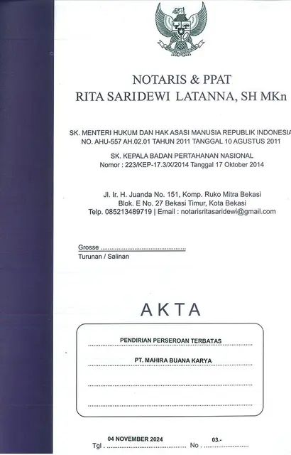 Akta Pendirian PT. Mahira Buana Karya (Notaris Rita Saridewi Latanna, S.H., M.Kn., 4 November 2024)