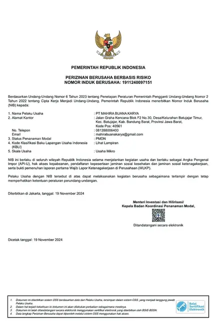 Nomor Induk Berusaha (NIB) 1911240097151